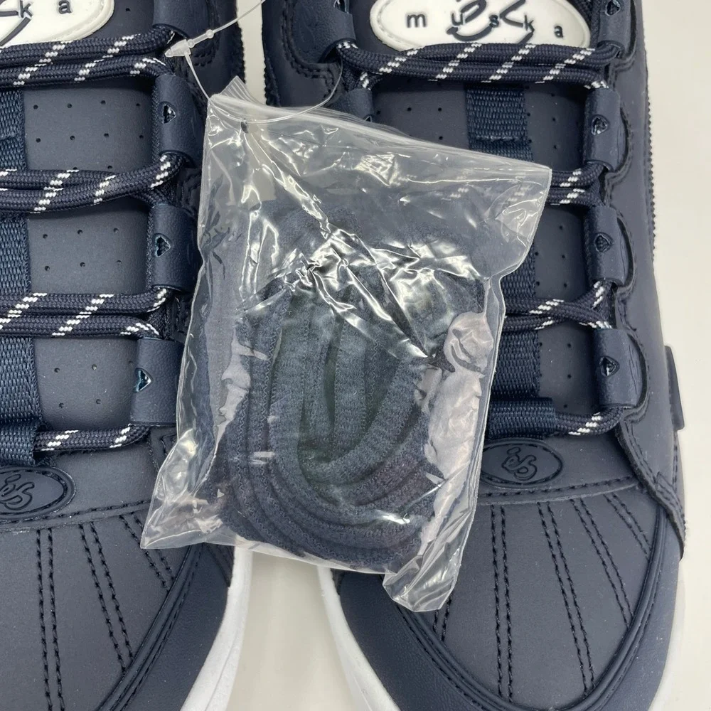 es‎ Muska Mens 11.5 Navy White Leather Retro Classic Skate Shoes 90s Y2K New Box